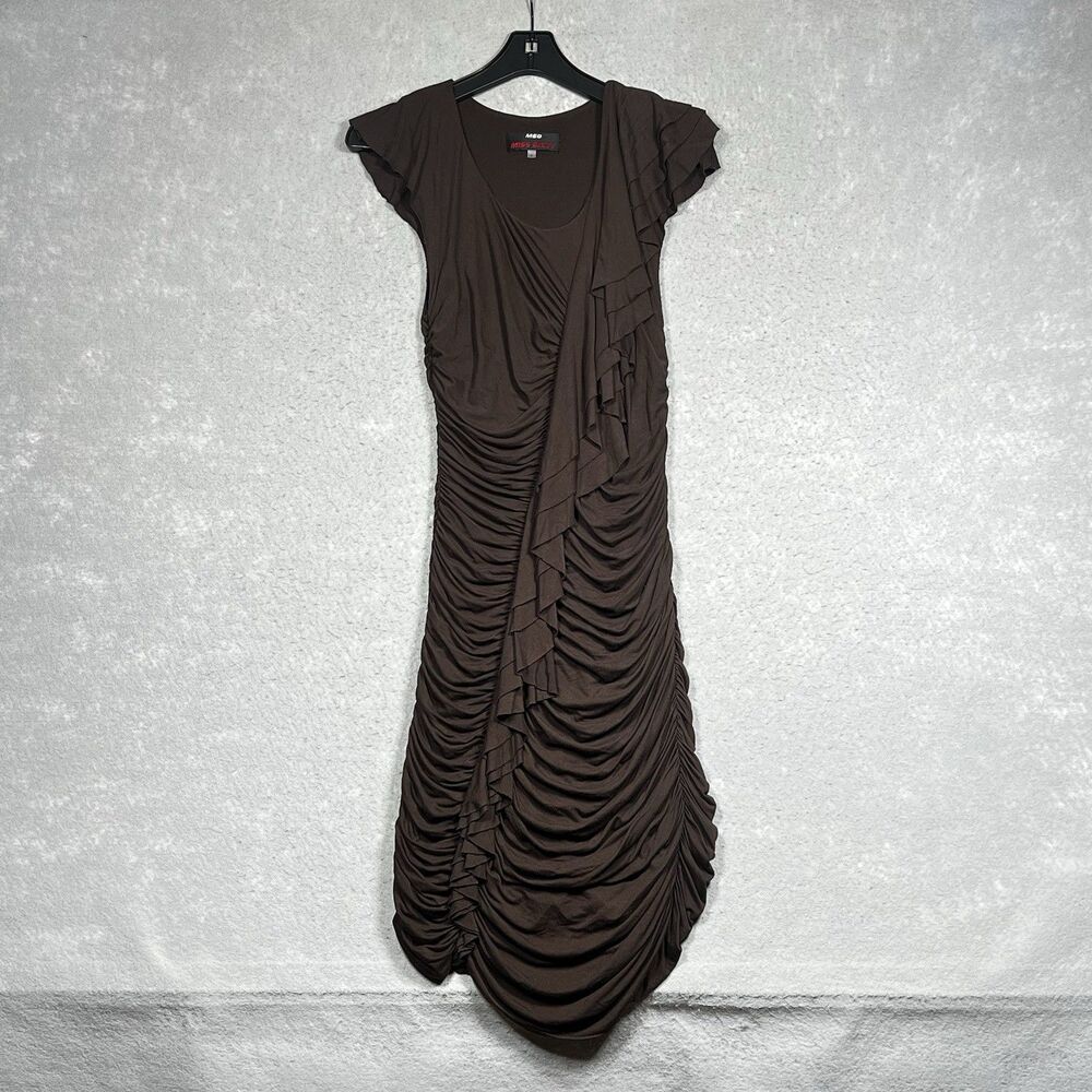 M60 Miss Sixty Brown Ruched Ruffled Stretch Jersey Bodycon Dress Sz 8 -MSRP $128